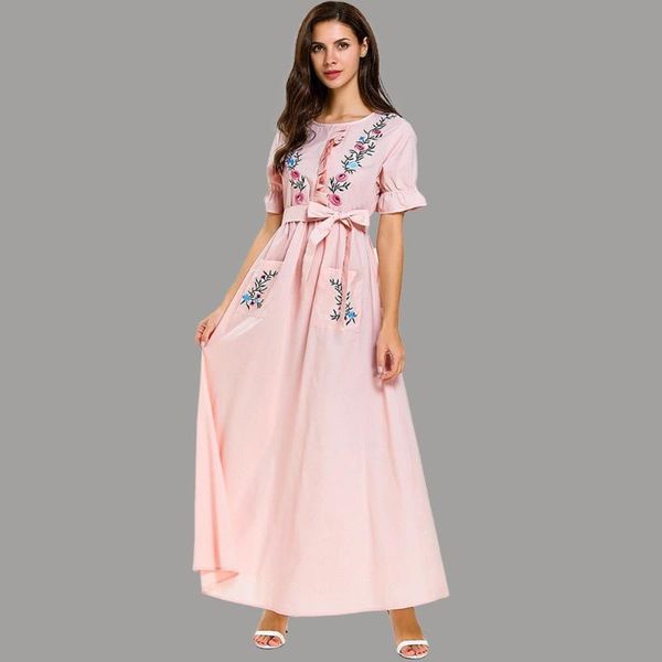 ethnic clothing pink summer 2021loose casual dress bandage thin short sleeve plus size maxi for women arabic muslim islamic clothes, Red